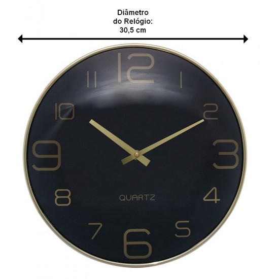 Relógio De Parede 30,5cm Por 4,5cm Quartz De Plástico Chronos Preto Com Dourado